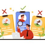 Age discrimination, ageism problem of society. Tiny HR manager with prejudice towards older candidates for vacancy, studying resume of employees through magnifying glass cartoon vector illustration