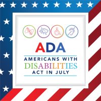 Americans with Disability Act. It features by American flag surrounded by different type of disabilities.ADA is a civil rights law that prohibits discrimination based on disability.Vector illustration