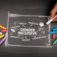 Gender Inclusive concept. Illustration with arrows, keywords and icons on a blackboard background