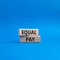 Equal Pay symbol. Wooden blocks with words Equal Pay. Beautiful blue background. Business and Equal Pay concept. Copy space.