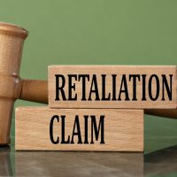 Wooden gavel beside blocks with text "RETALIATION CLAIM" on a reflective green surface.