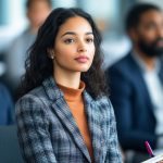 Diverse professionals attending a business seminar with focus on learning and networking In the image, a group of attendees is shown seated and attentively listening to a speaker